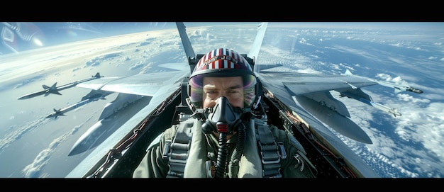 Photo vue rapprochée d'un pilote de chasse en mission à haute altitude