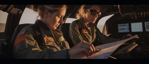 Vue rapprochée de la pilote et du copilote avec une carte dans le cockpit générée par l'IA