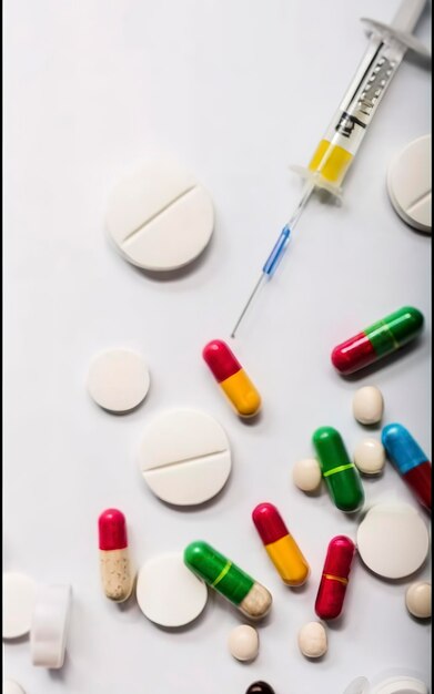 Vue rapprochée des pilules et des seringues colorées sur le concept de médecine et de soins de santé blancs
