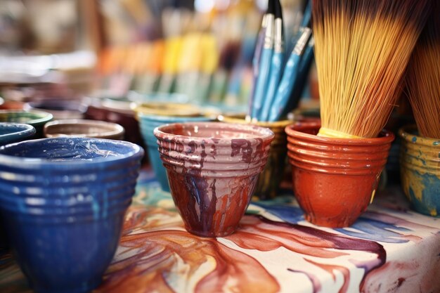 Vue rapprochée des pinceaux et des glaçages colorés sur une table de poterie