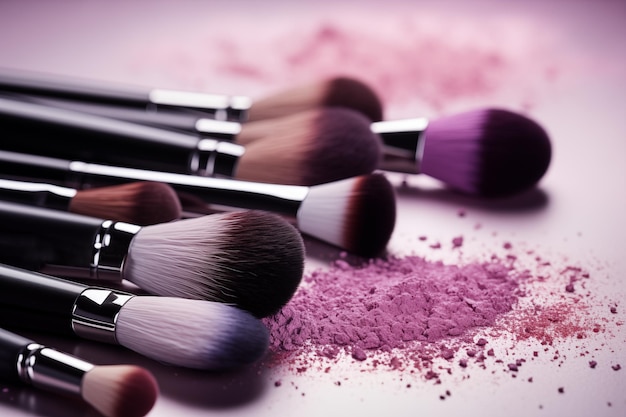 Vue rapprochée des pinceaux de maquillage une collection de produits de make-up avec un ombre-l'œil brillant et des pinces douces