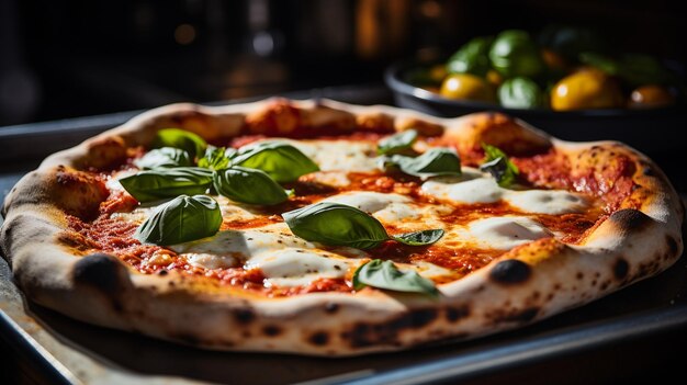 Une vue rapprochée d'une pizza margarita fraîchement cuite présentant du fromage mozzarella et du basilic bouillonnants