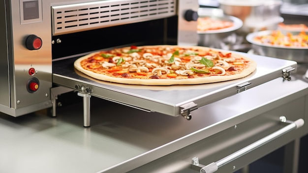 Vue rapprochée d'une pizza préparée sur un tapis roulant dans un restaurant de restauration rapide