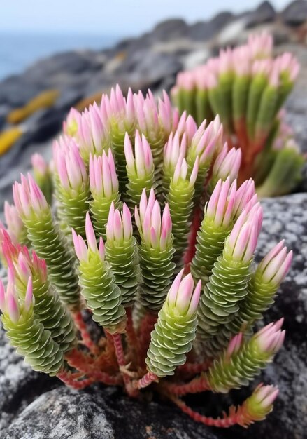 Vue rapprochée d'une plante succulente rose et verte en fleurs sur des roches de lave