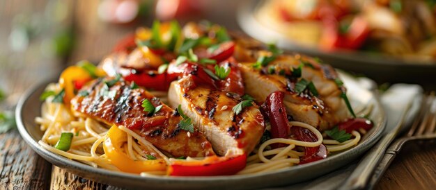 Vue rapprochée d'un plat de nourriture avec du poulet