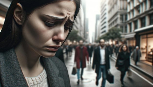 Photo vue rapprochée en plein air du visage de la femme en profondeur alors qu'elle marche dans une rue animée avec des passants