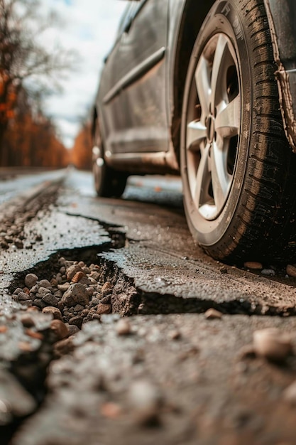 Vue rapprochée d'un pneu de voiture près d'un trou dangereux sur une route d'asphalte usée