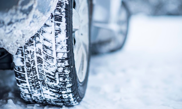 Vue rapprochée des pneus d'hiver sur une route couverte de neige pendant les mois d'hiver de gel froid.