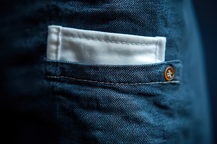 Photo vue rapprochée d'une poche en denim bleu avec un insert en tissu blanc et un bouton brun