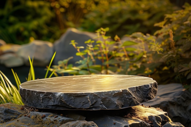 Photo vue rapprochée d'un podium de roche de pierre plate dans une forêt naturelle inondée de lumière solaire