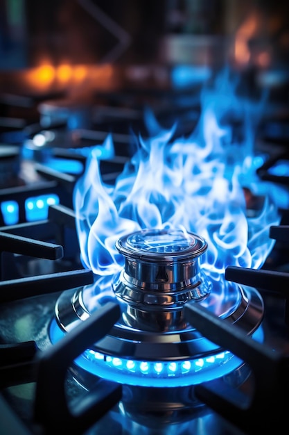 Photo une vue rapprochée d'un poêle à gaz avec des flammes bleues cette image peut être utilisée pour présenter une cuisine moderne ou pour illustrer le concept de cuisson au gaz