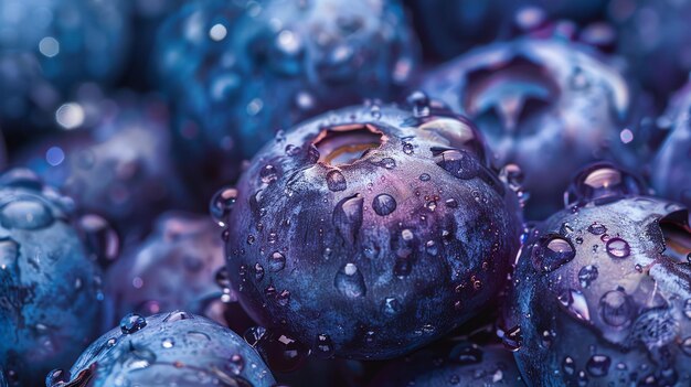 Vue rapprochée d'une poignée de bleuets frais avec des gouttes d'eau sur leur surface