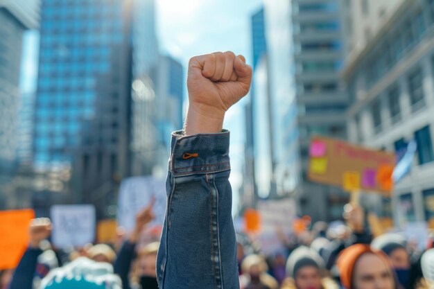 Vue rapprochée d'un poing levé en l'air lors d'une manifestation politique en plein air