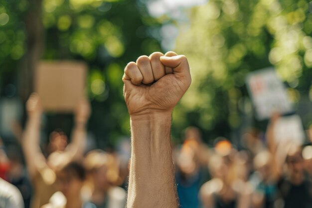 Vue rapprochée d'un poing levé en l'air lors d'une manifestation politique en plein air