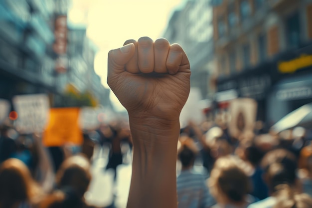 Vue rapprochée d'un poing levé en l'air lors d'une manifestation politique en plein air