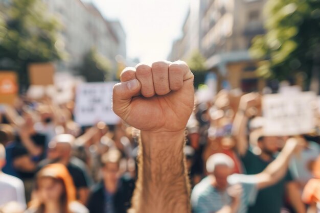 Vue rapprochée d'un poing levé en l'air lors d'une manifestation politique en plein air