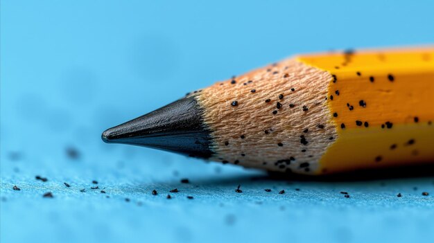 Vue rapprochée de la pointe d'un crayon aiguisé avec des copeaux sur fond bleu