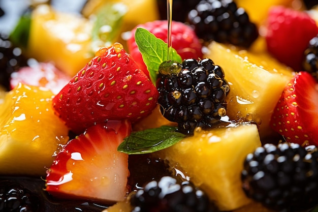 Vue rapprochée d'une poire tranchée dans une salade de fruits