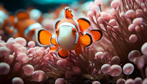 Photo vue rapprochée d'un poisson-clown nageant dans un récif corallien coloré généré par l'ia