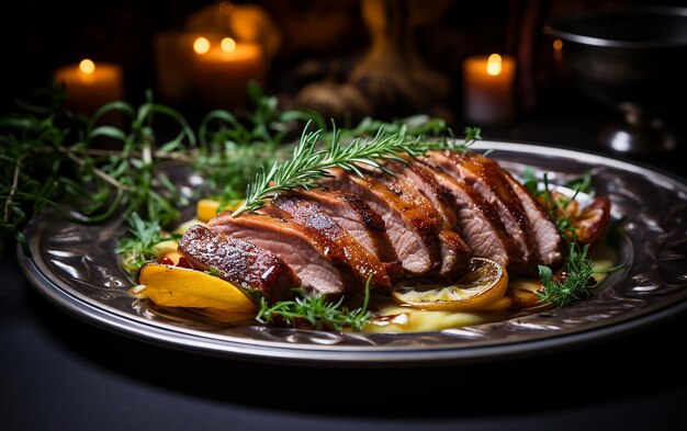 Photo vue rapprochée d'une poitrine de canard tranchée dans une sauce à base d'herbes