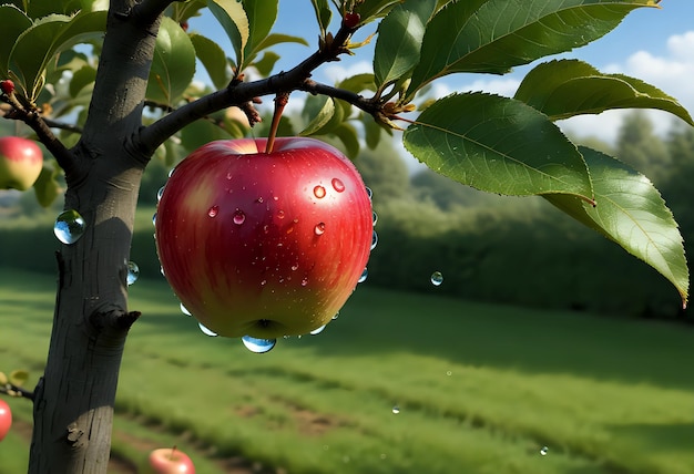 Vue rapprochée d'une pomme avec des gouttes d'eau dessus