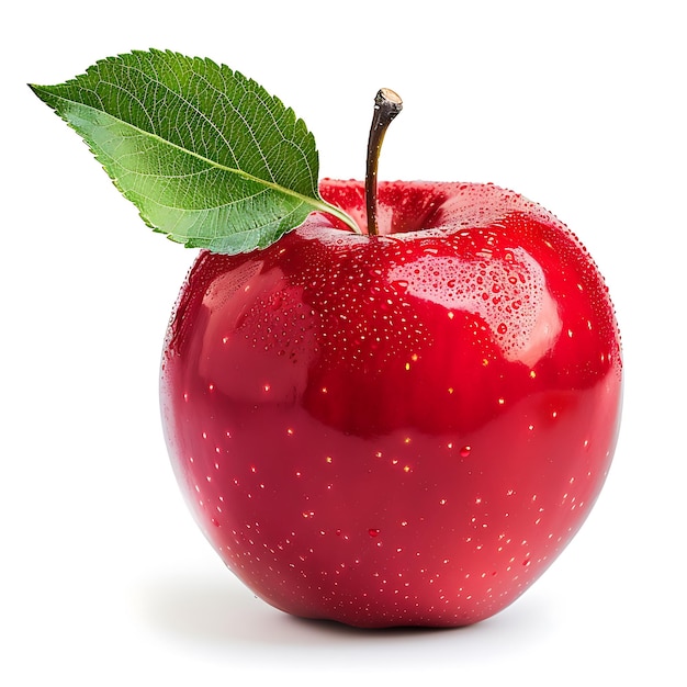 Vue rapprochée d'une pomme rouge avec une feuille et une tige sur fond blanc