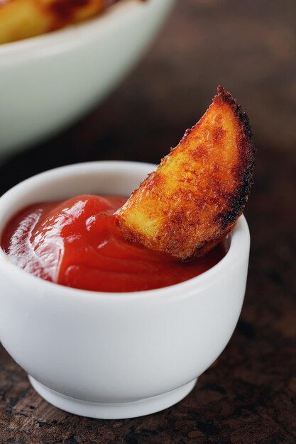 Vue rapprochée de pommes de terre frites et de sauce dans un bol sur la table