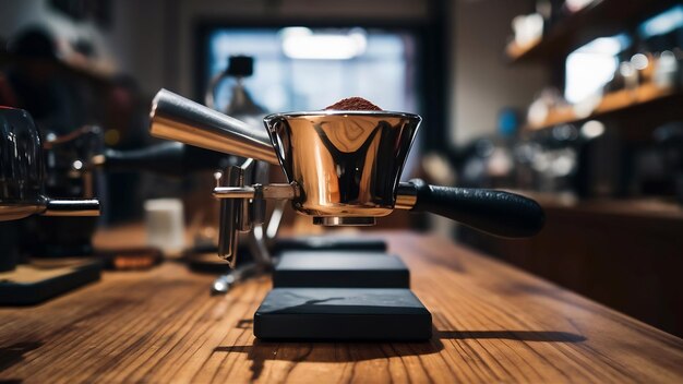 Photo vue rapprochée d'un portafiltre en acier avec de la poudre de café moulu pressée à l'intérieur