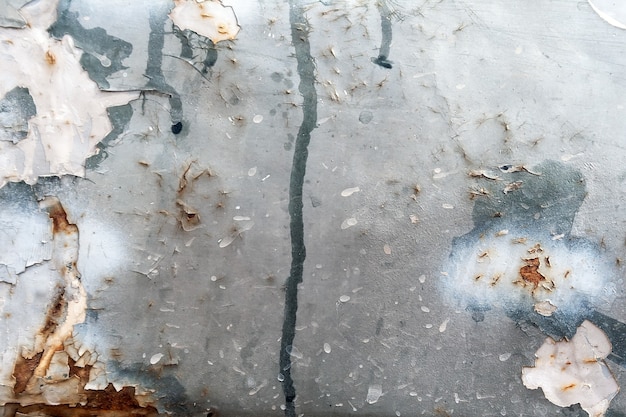 Vue rapprochée de la porte métallique d'une vieille voiture avec des traînées de peinture, de l'écaillage et de la rouille