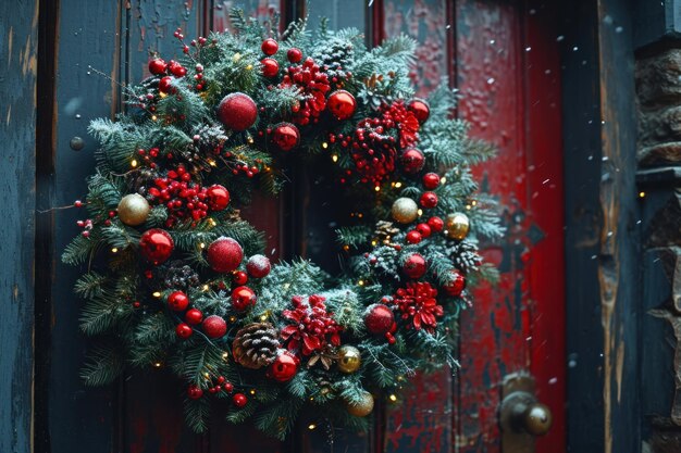 une vue rapprochée d'une porte ornée d'une couronne de Noël