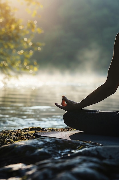 Vue rapprochée de la posture de yoga en plein air avec une rivière en toile de fond, la lumière de l'aube brumeuse, une zone vide tranquille.