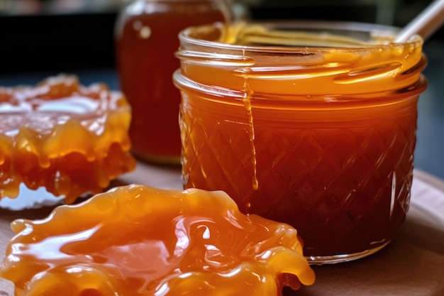 Vue rapprochée d'un pot de verre avec du kombucha et du scoby en fermentation