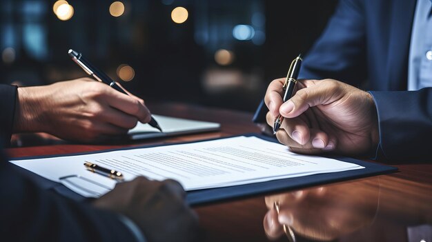 Photo vue rapprochée de professionnels des affaires négociant et signant un contrat avec des mains concentrées