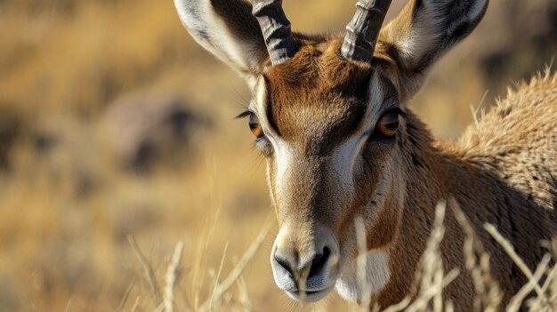 Photo vue rapprochée d'un pronghorns déterminé en inclinant sa tête vers le bas prêt à sprinter à travers les grondines