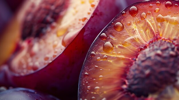 Photo vue rapprochée d'une prune tranchée avec des gouttes d'eau la prune est mûre et juteuse avec une peau violette foncée et un intérieur charnu sucré