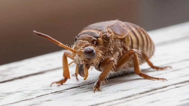 Vue rapprochée d'une puce brune sur le bois blanc sur un fond flou