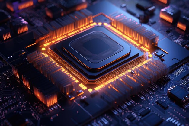 Photo vue rapprochée d'une puce cpu avec des circuits lumineux unité de traitement informatique cpu avec étiqueté metaverse ai généré