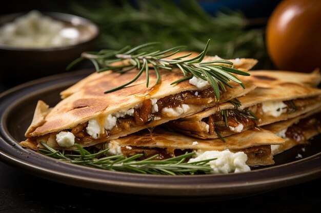 Vue rapprochée d'une quesadilla à l'oignon caramélisé et au fromage de chèvre