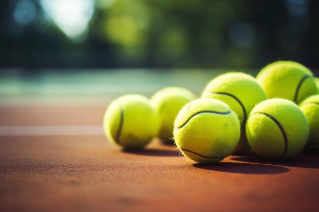 Vue rapprochée des raquettes de tennis et des balles de tennis posées sur le terrain de tennis.