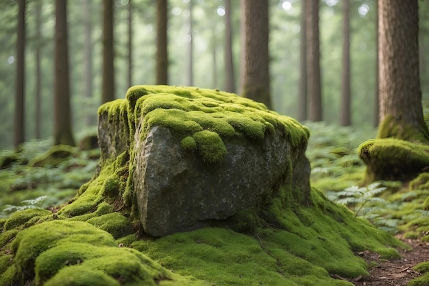 Vue rapprochée d'une roche avec de la mousse sur un fond forestier flou