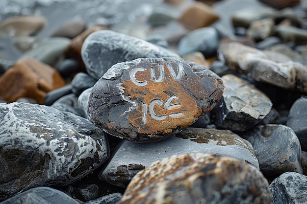 Photo vue rapprochée des rochers avec l'inscription cu uv ice au bord de la mer