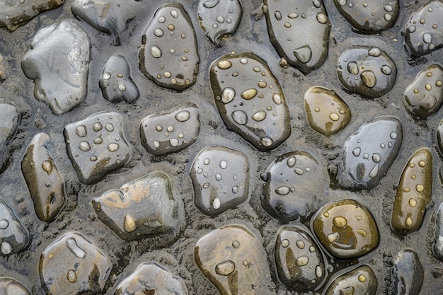 Vue rapprochée des rochers ornés de gouttes d'eau étincelantes reflétant la lumière