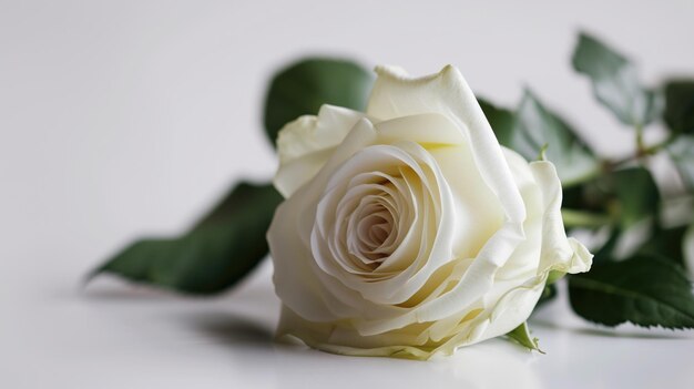 Vue rapprochée d'une rose blanche crémeuse aux feuilles vertes