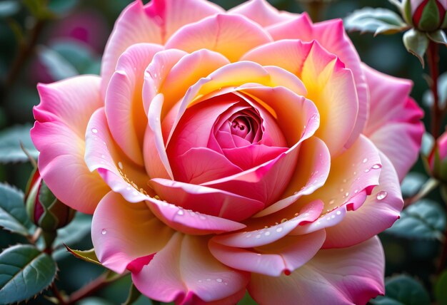 Vue rapprochée d'une rose rose avec des détails de pétales clairs au centre encore un bourgeon et une goutte sur les pétales