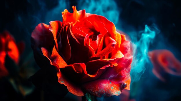 Vue rapprochée d'une rose rouge sur fond noir AI générative