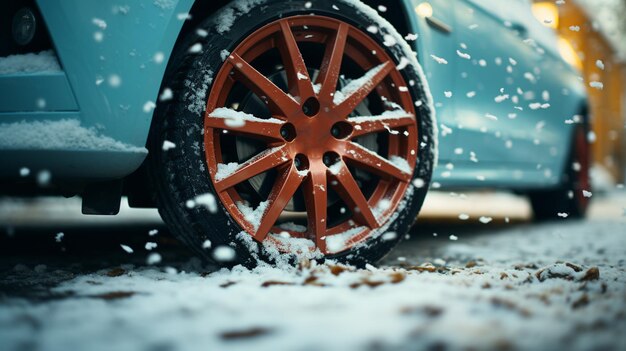 Vue rapprochée d'une roue de voiture sur la neige