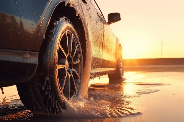 Vue rapprochée sur la roue des voitures de sport sur route mouillée après le lavage de voiture