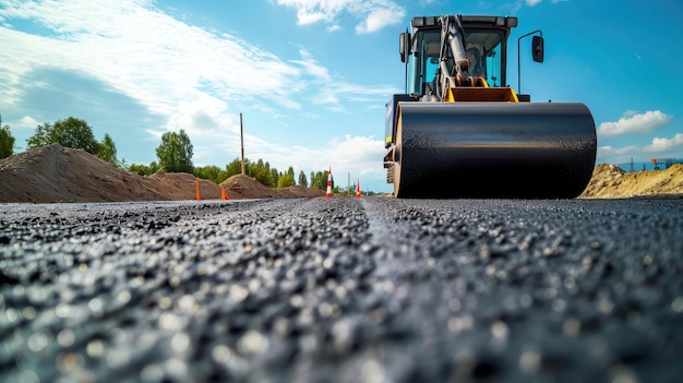 Vue rapprochée sur le rouleau compresseur travaillant sur le nouveau chantier de construction de route