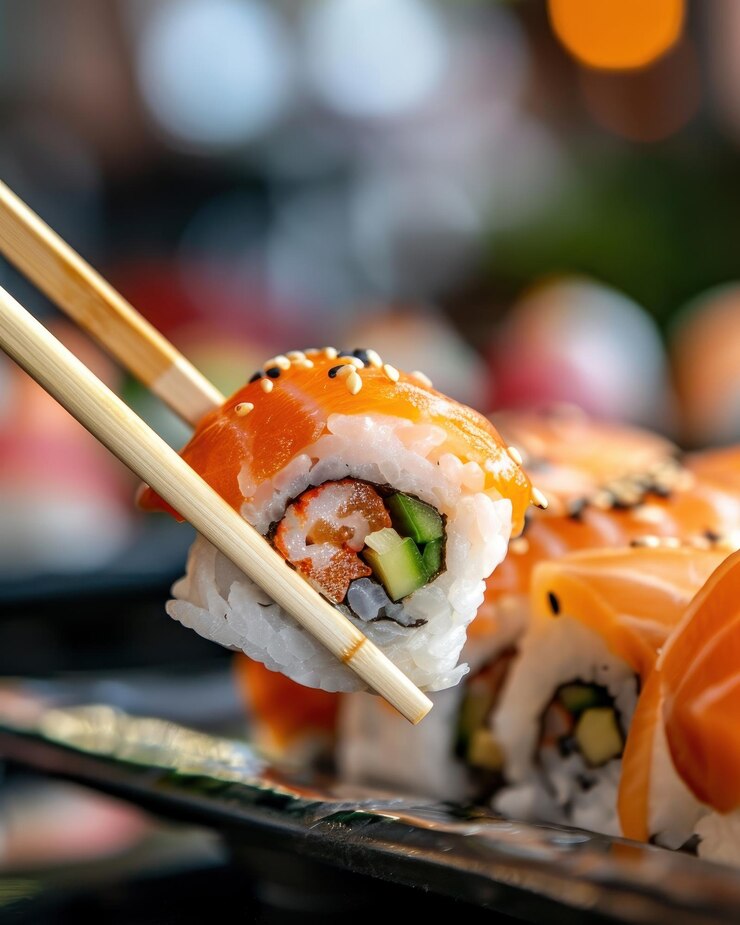 Vue rapprochée d'un rouleau de sushi avec des baguettes