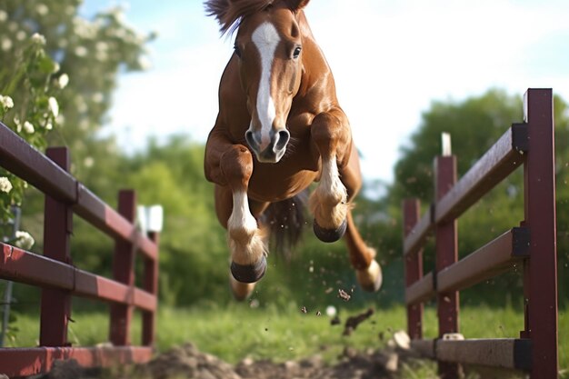 Vue rapprochée des sabots de cheval en train de franchir un obstacle à mi-saut